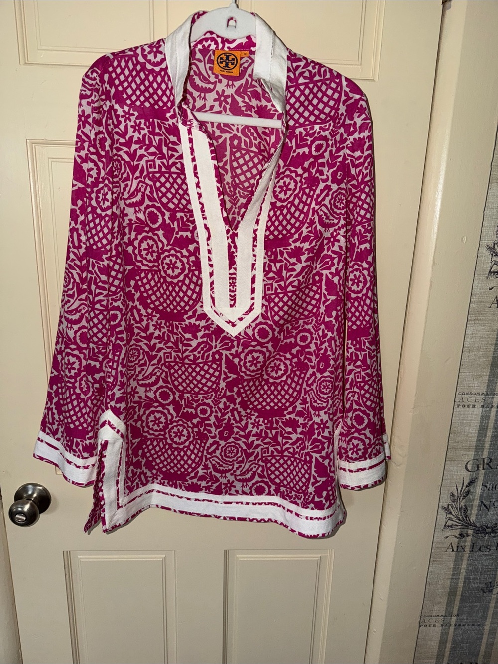 Tory Burch Fuchsia and White Patterned V-Neck Tunic